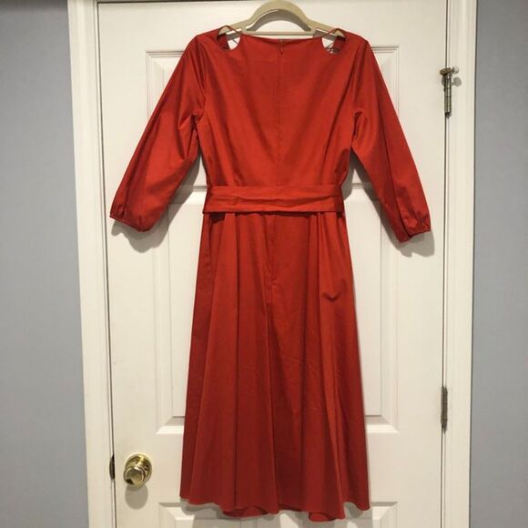 Elie Tahari Orange Midi Knee Length Fit Flare Pockets Belted Cotton Dress Size 6 - Picture 3 of 16